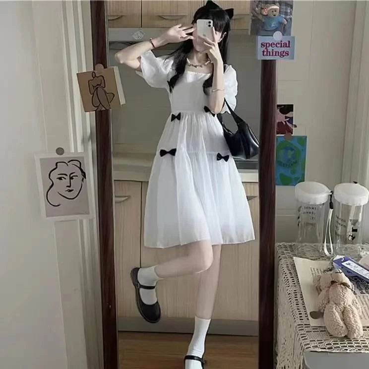 French Square Neck Puff Sleeve Dress Women Mesh Bow Loose Long Summer New Purple Dresses Female