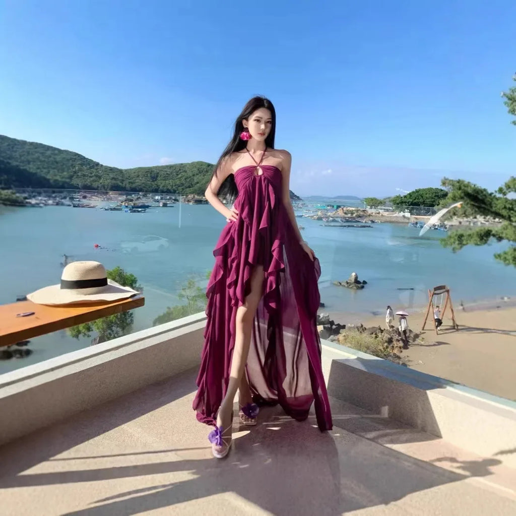 Purple Beach Vacation Photography Dress Women's Sleeveless Gown Luxury Design Sensation Halter Neck Chiffon Long Skirt