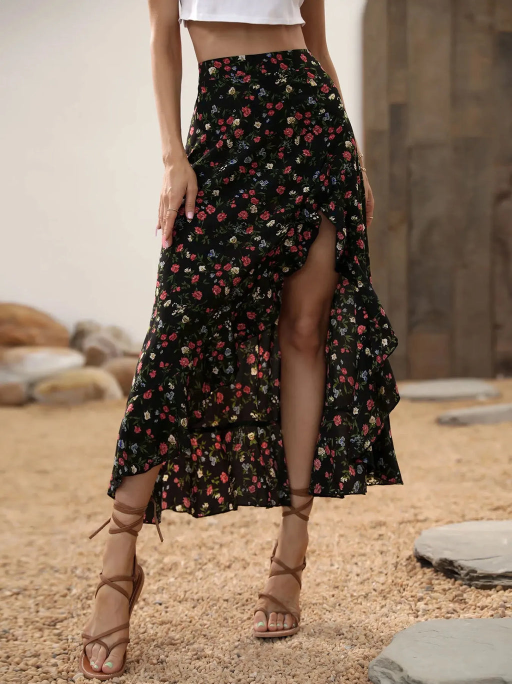 Ladies Floral High Waist Asymmetrical Hem Mid-Length Split Skirt Casual Holiday Fashion Spring Summer Polyester Fabric Elegan...