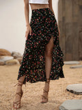 Ladies Floral High Waist Asymmetrical Hem Mid-Length Split Skirt Casual Holiday Fashion Spring Summer Polyester Fabric Elegan...