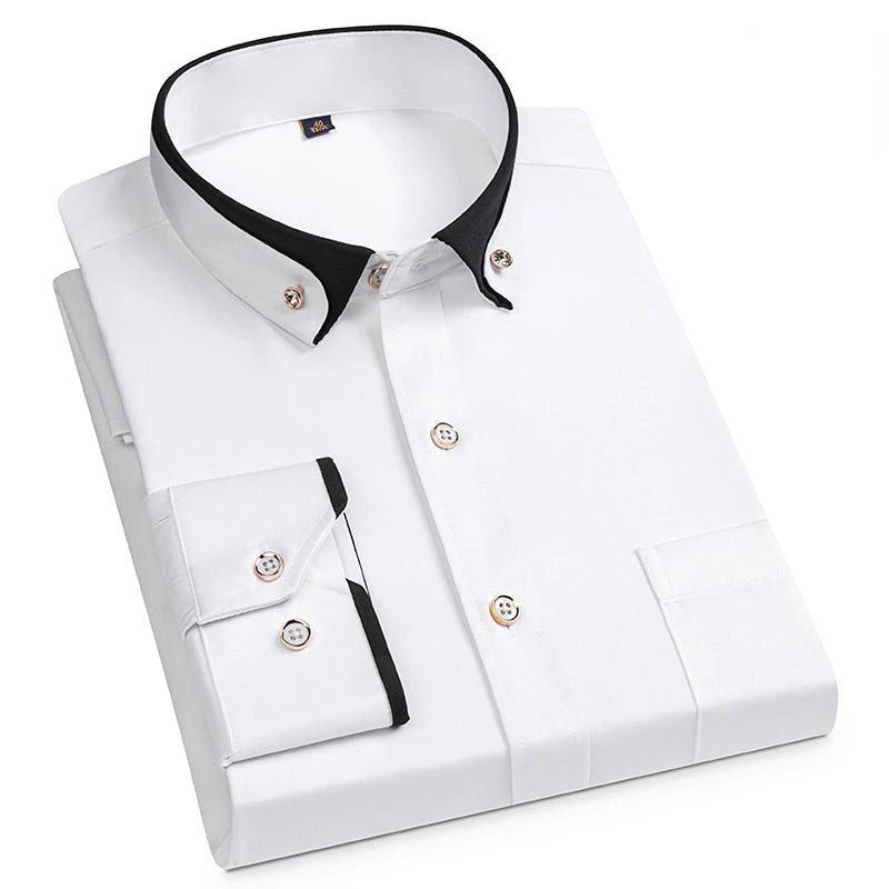 For Men'S Business Dress Shirts Male Formal Button-Down Social Collar Camisa Social Elastic Anti-Wrinkle Casual Men Shirt Pocket