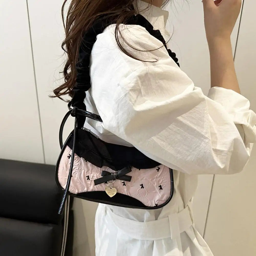 Fashion Grid Women Bag Lace Ribbon Stretchable Shoulder Strap Single Shoulder Underarm Bag Daily Commuting Student Handbag
