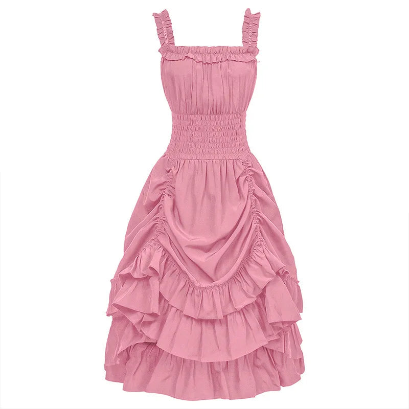 2026 Vintage Victorian Ruffle Midi Dress,High Waist A Line Women Sling Dress,Medieval Cosplay Party Dress for Women Summer Beach