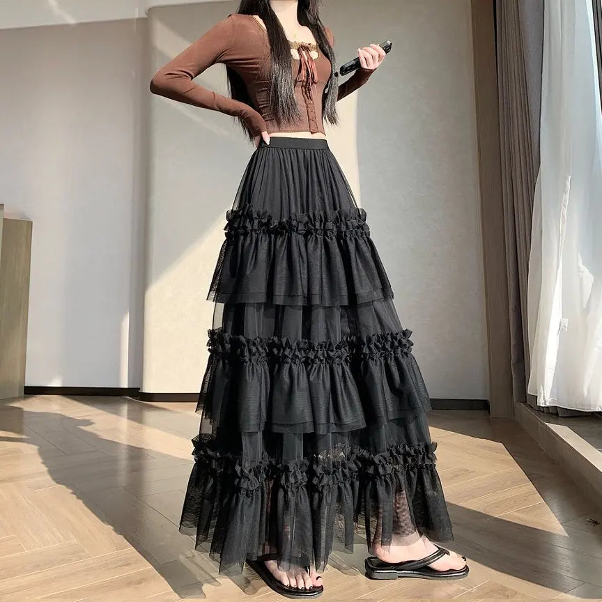 Qiukichonson Midi Long Skirt Women Patchwork Mesh Lolita Spring Summer High Waisted High Low Ruched Ruffles Ball Gown Skirt rok