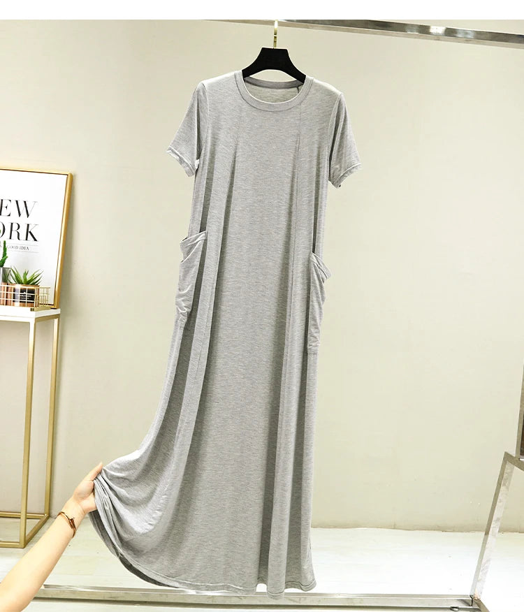 Casual Modal Sleep Dress Women Summer Large Size round Neck over Knee Long Dress Loose Slimming Short Sleeve Dress