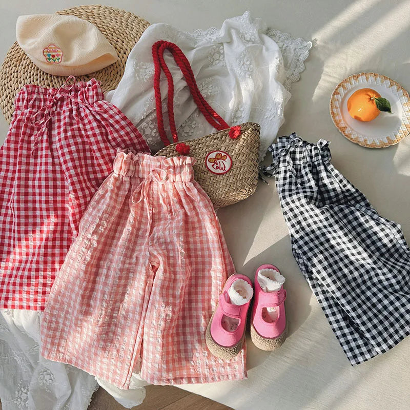 Kids Pants Plaid Printed Wide-leg Pants Flower Waist Summer Culottes Girls Pants Kids Clothes for Girls 2 To 8 Years