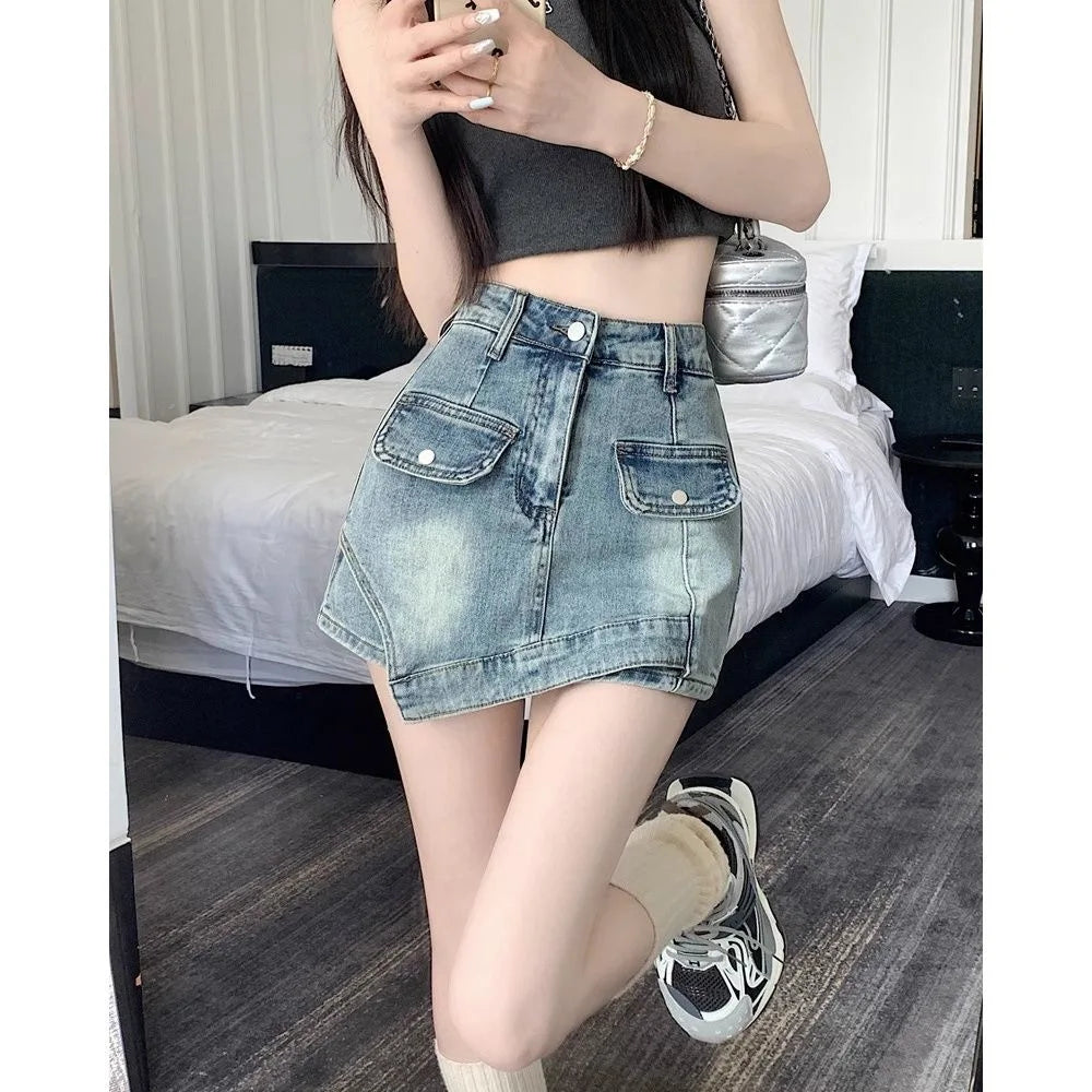 Retro Spicy Girl Uneven Denim Mini Skirt High Waist Slim Fit Women's Summer New Style Short Skirt Bodycon Skirt New Style