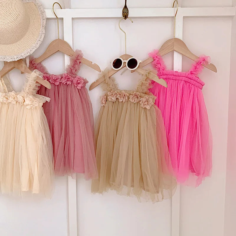 Kids Sweet Mesh Dress 1-6T Summer Children Mesh Tulle Princess Slip Tutu Dresses Girls 6 Colors 3D Flower Mermaid Birthday Dress