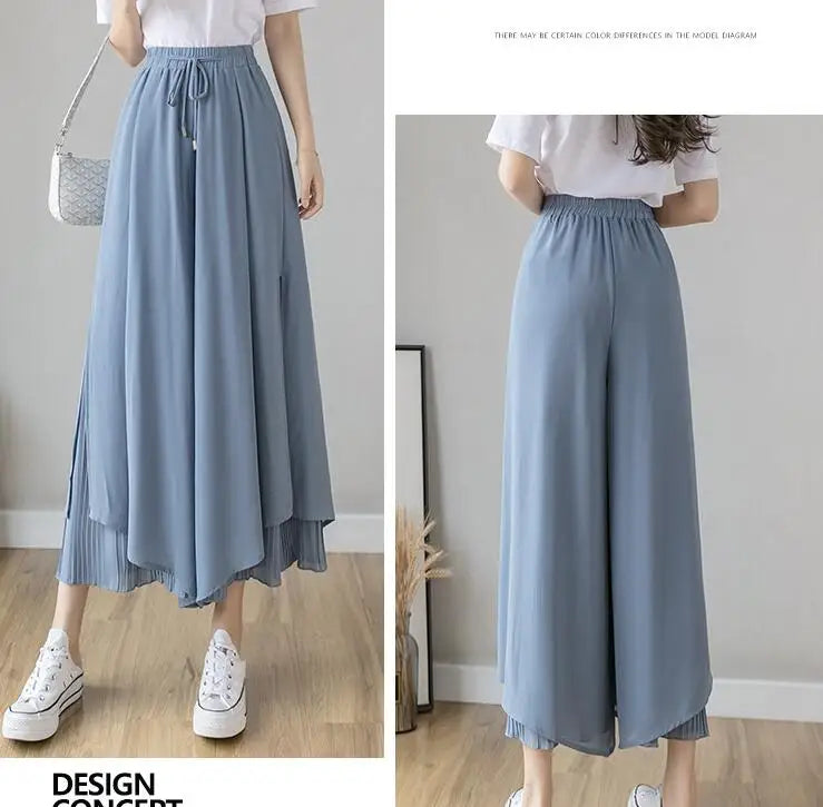 Summer Elastic Pleated Skirt Women Chiffon Trouser Skirt High Waist Casual Wide Leg Pants Fashion Streetwear Pants Pantalones