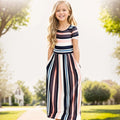 Summer Girls New Solid Color Short Sleeved Long Dress Beach Party Birthday Casual Fashion Show Versatile A-Line Dress