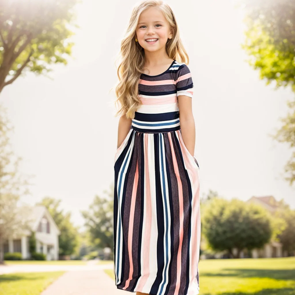 Summer Girls New Solid Color Short Sleeved Long Dress Beach Party Birthday Casual Fashion Show Versatile A-Line Dress