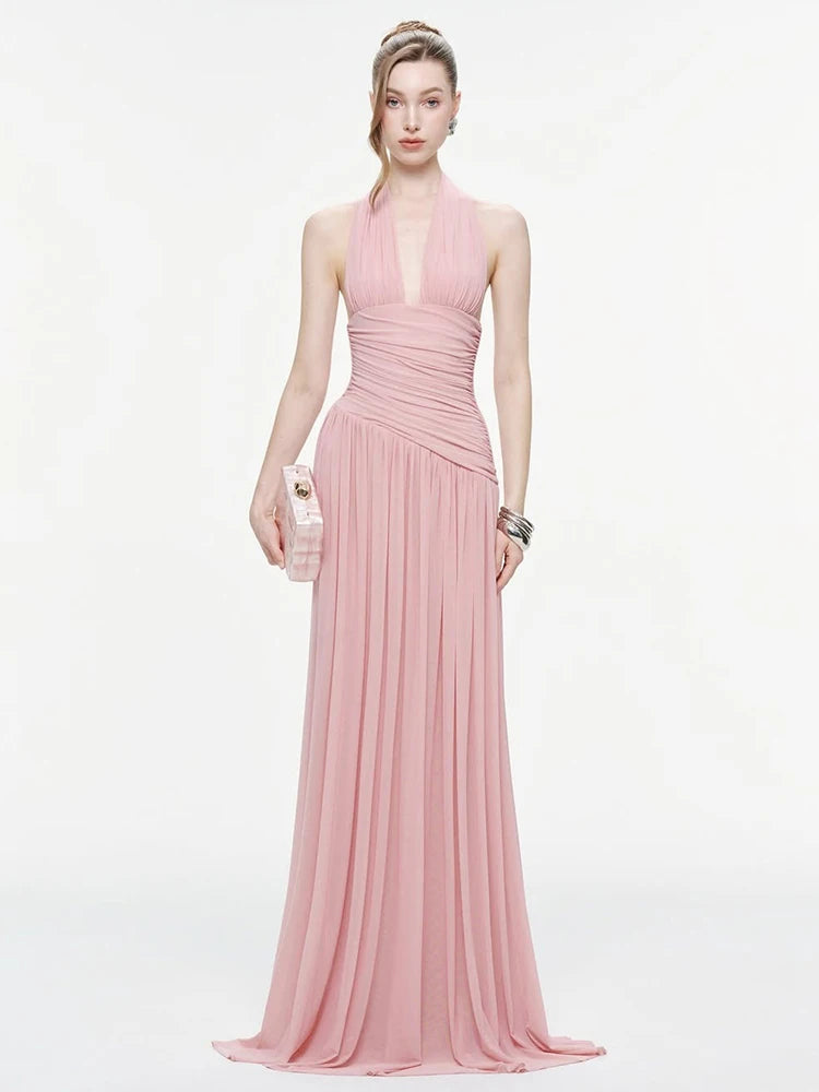 Nibber Backless Fashion Draped Maxi Dress Women Halter Bandage Tassel v-Neck Sleeveless Birthday Party Elegant Chic Vestidos