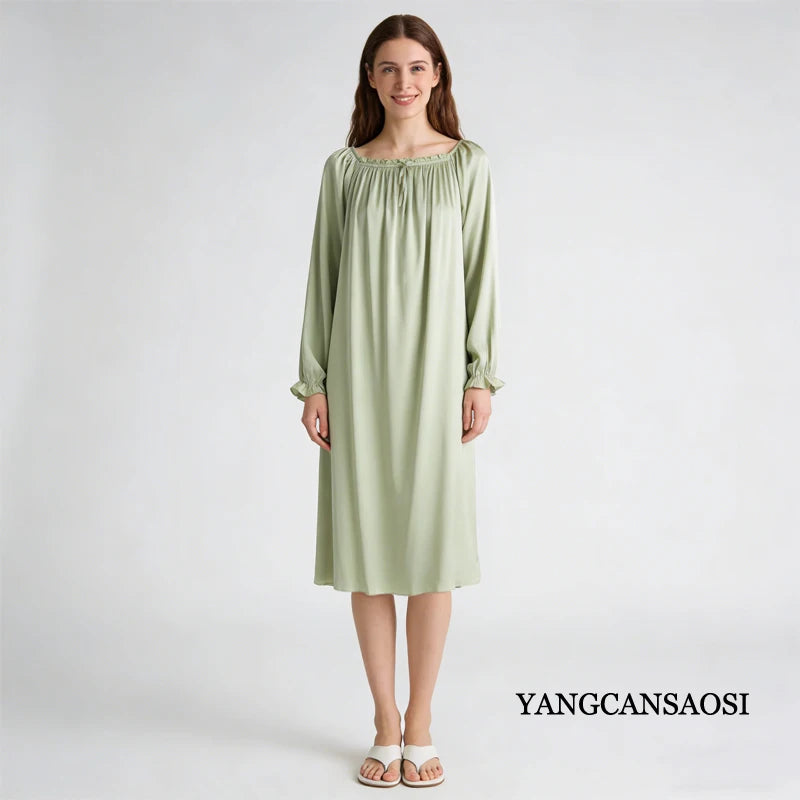 Women's Spring/Summer New 92% Natural Mulberry Silk Elastic Satin Solid Loose Sweet Wind Long Sleeve Home Clothes Nightdress