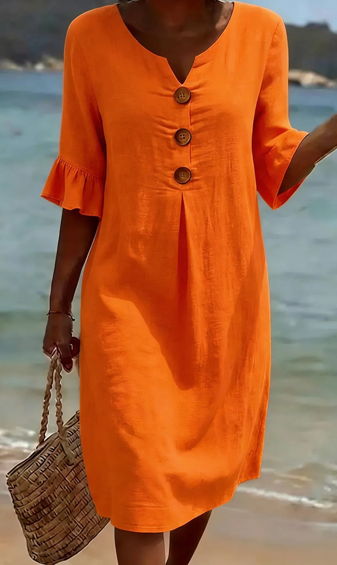 Simple Casual Women's Solid Color Midi Dress V Neck Button 3/4 Sleeve Loose 2026 New Summer Beach Vacation Dresses With Pockets