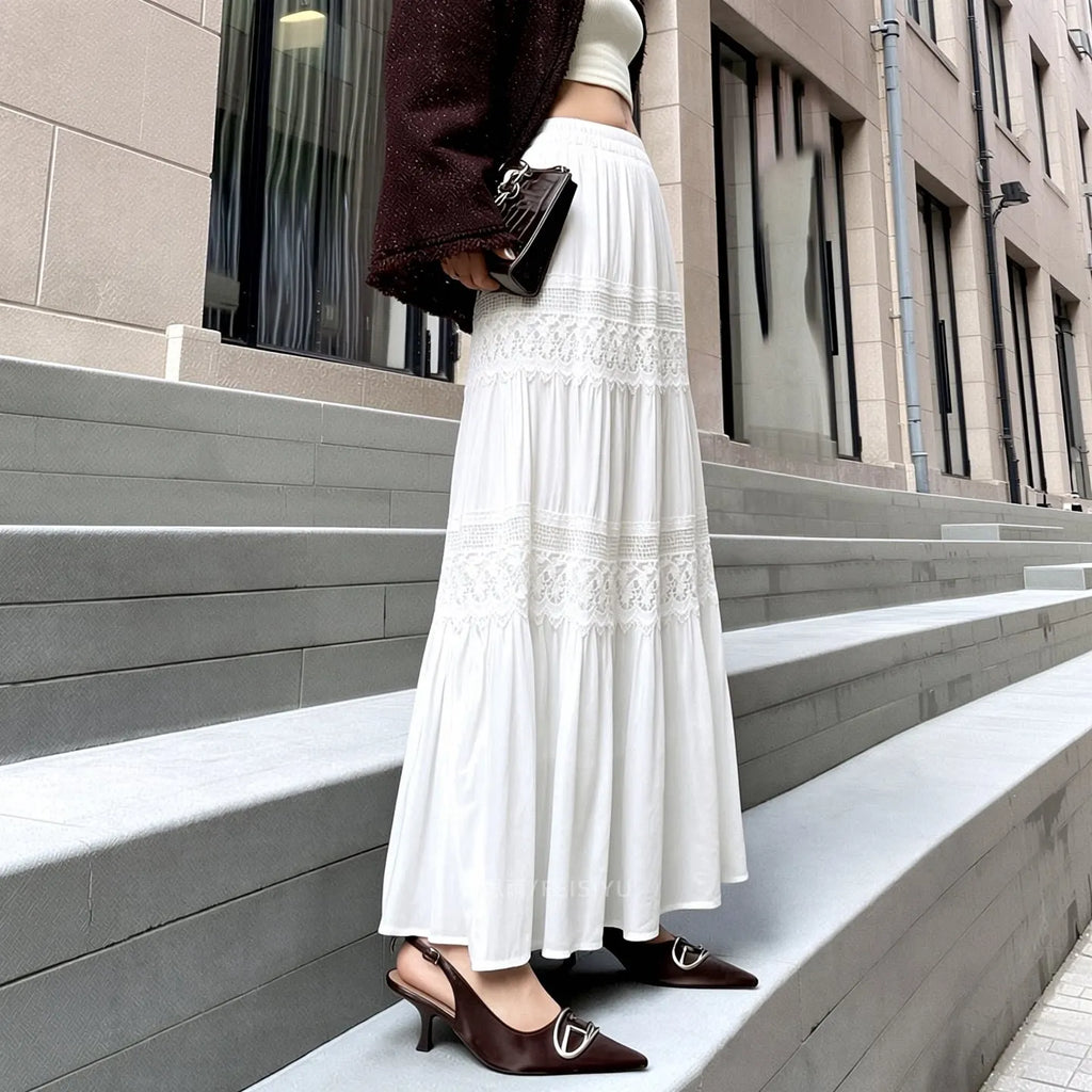 White Double Lace Tiered Maxi Skirt Women Full Elastic Waist Flowy Ruffle A-Line Long Skirt