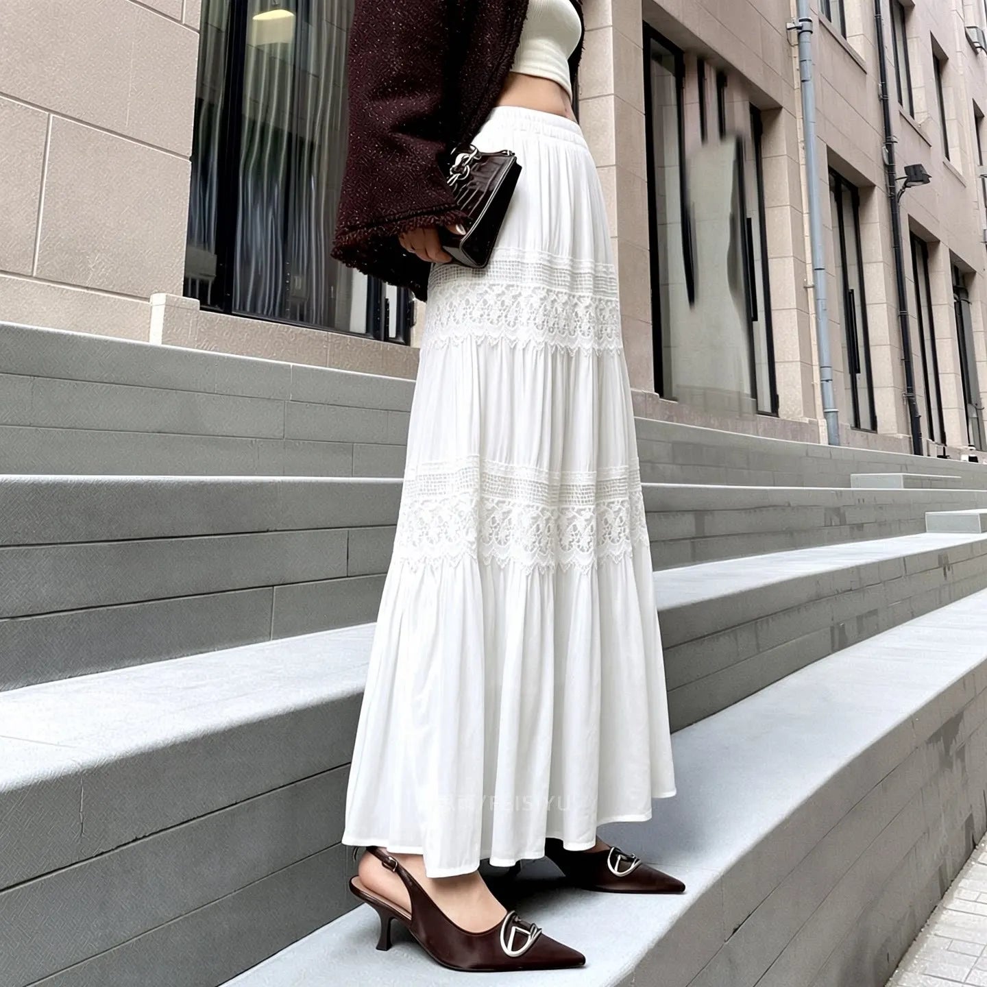 White Double Lace Tiered Maxi Skirt Women Full Elastic Waist Flowy Ruffle A-Line Long Skirt