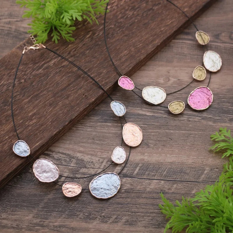Bohemian Irregular Enamel Necklace Rose Gold Plated Multicolored Disc Double-Layer Necklace Adjustable Chain Jewelry Gift