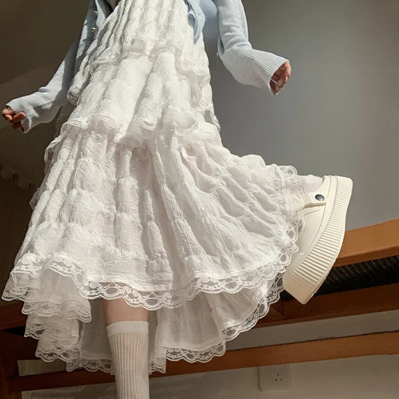 Sweet Lace Ruffles Long Skirt Women Summer Cute Puff Cake A Line Skirt Woman Korean Style High Waist White Chiffon Tulle Skirt