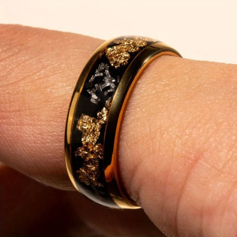 8MM Gold Color Men Stainless Steel Rings Gold Foil Inlay Engagement Wedding Band Jewelry Unique Steel Ring For Gift Wholesale