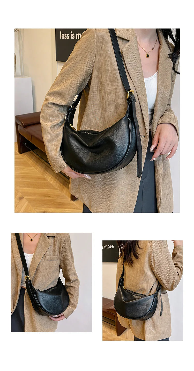 Women Vintage Soft Leather Dumpling Bag Fashion Adjustable Strap Crossbody Bag Large Capacity Crescent Shoulder Purse for Daily