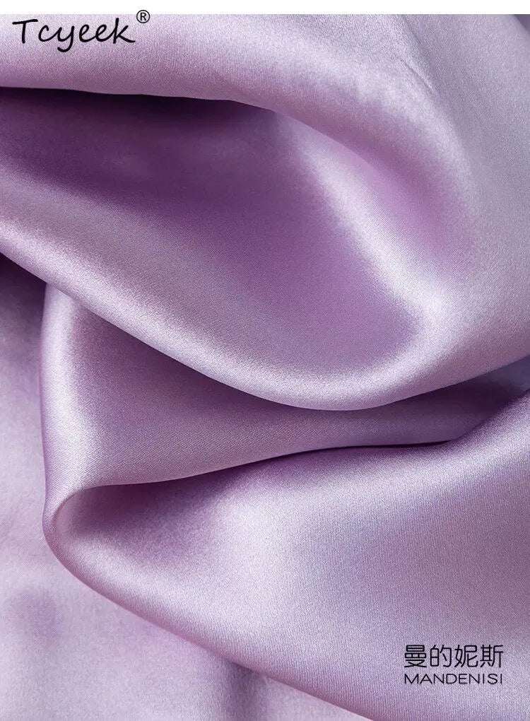 Tcyeek 21MM 100% Mulberry Silk Night Dress for Women Comfortable Sleepwear Women's Home Clothes Thin Purple Sommerkleid Damen