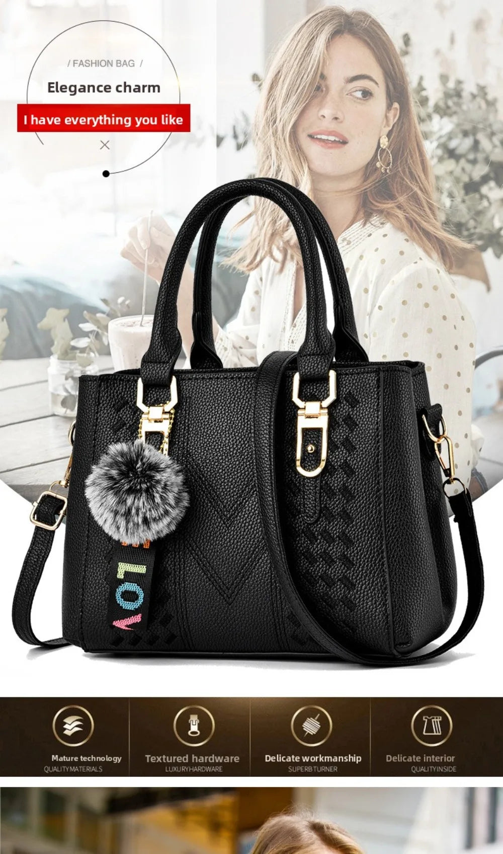 Korea Leather Women Handbag with Keychain Open Pocket Shoulder Bag Large Capacity Casual Messenger Bag Lady