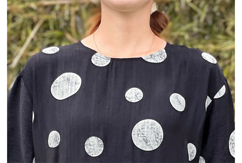 Summer Cotton Vintage Casual Loose Black Dresses For Women Short Sleeve Polka Dot Dress Femme Robe Vestidos Elegant Long Clothes