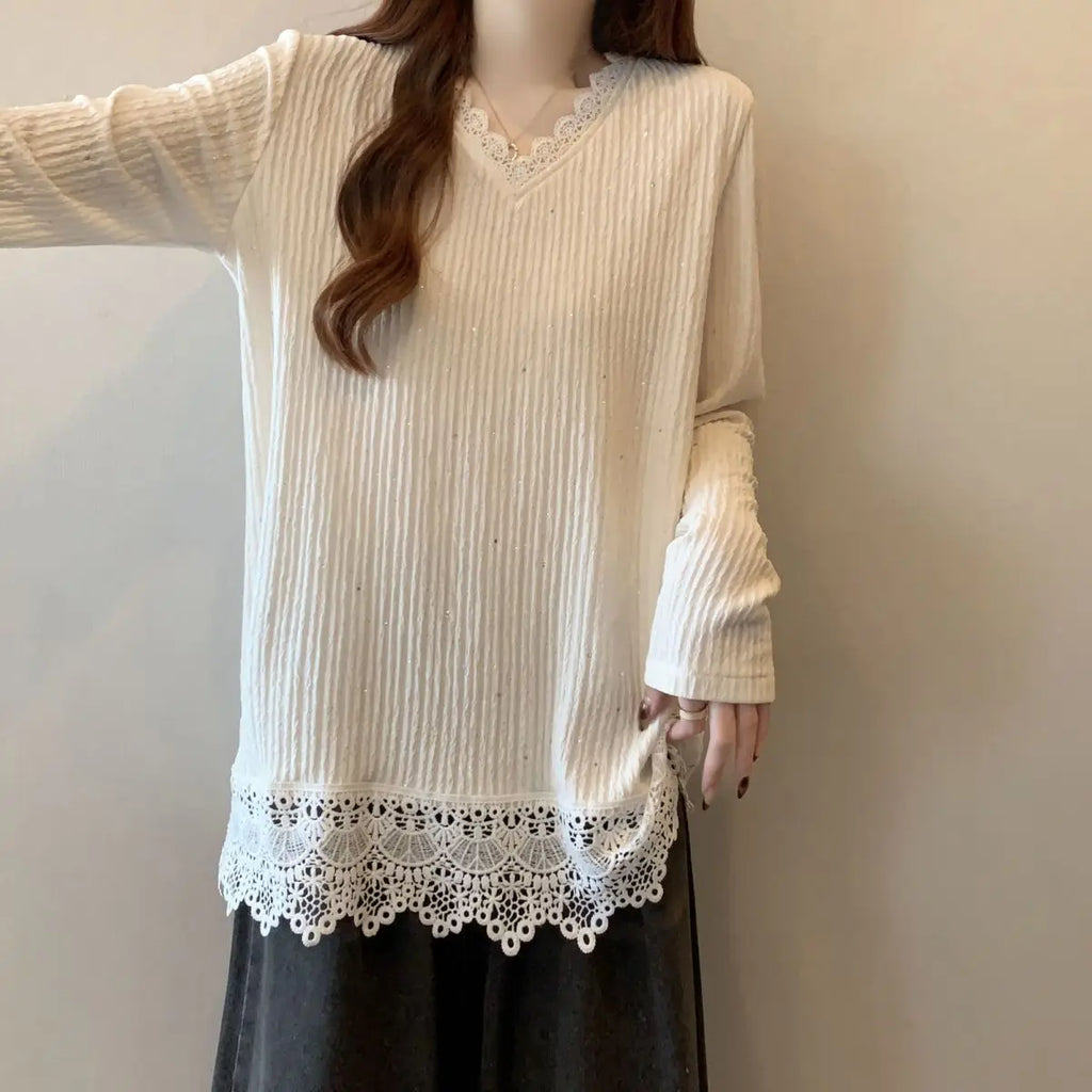 Lace Splicing Long Sleeve T-shirt Female Loose Slimming V-Neck Top