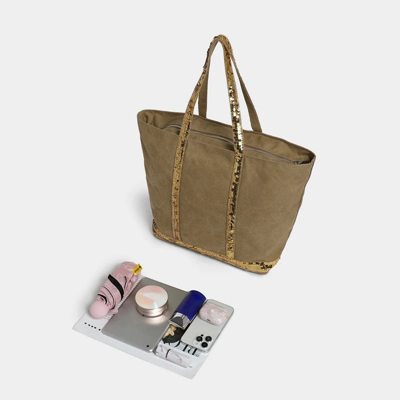 2025 Women's New Retro Shoulder Crossbody Bag Casual Handbag Canvas Shoulder Bag Sequin Large Capacity Tote Bag