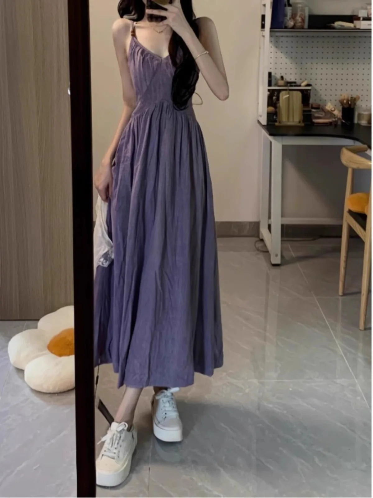 Dopamine Beautiful Purple Strap Dress Women Summer 520 Date Island Vacation Waist Cinch Beach Skirt A-Line Long Dress V-Neck ...