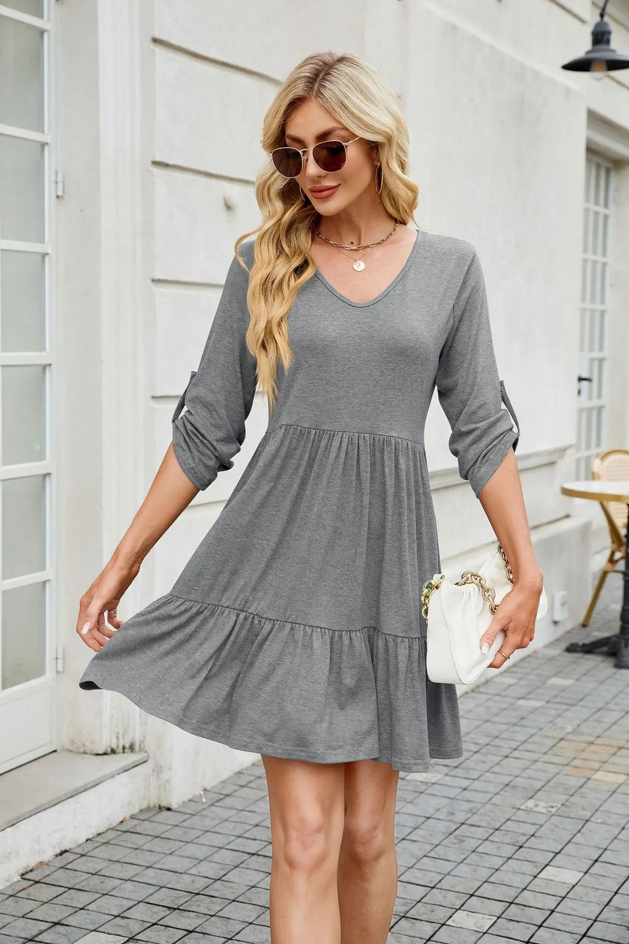 Women Spring Summer Loose 3/4 Sleeve V-Neck Ruched Ruffled Flowy Midi Dress EU US