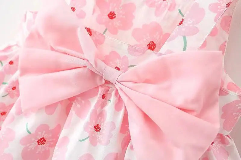 Beach Party Baby Girl Flower Dress Summer New Sweet Bow Children'S Clothing+Hat (9 Months -3 Years Old)