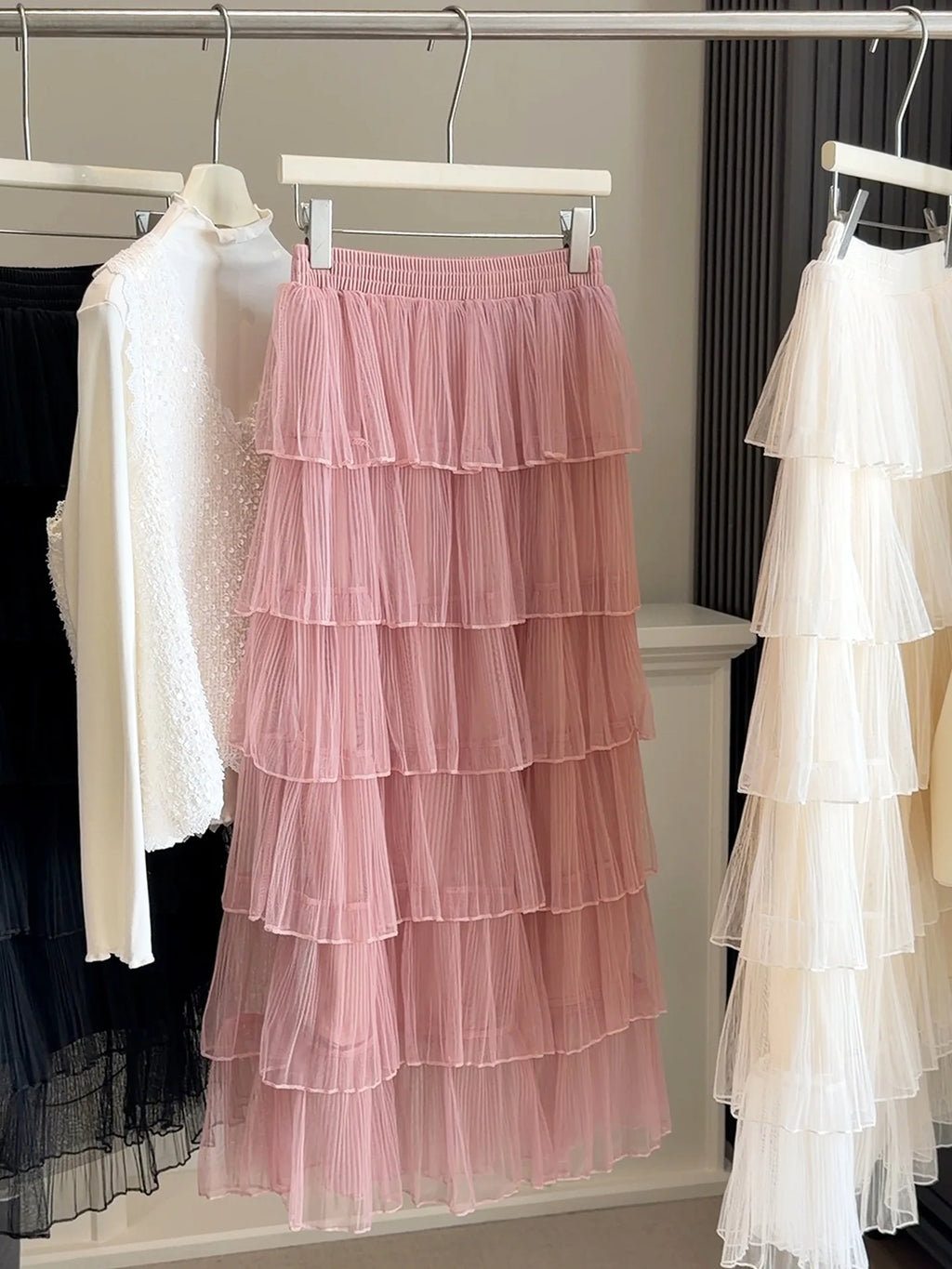Seoulish Korean Style Layered Mesh Cake Midi Skirt 2026 Spring Women High Waist Elegant Tulle Skirt Female Long Skirts Party