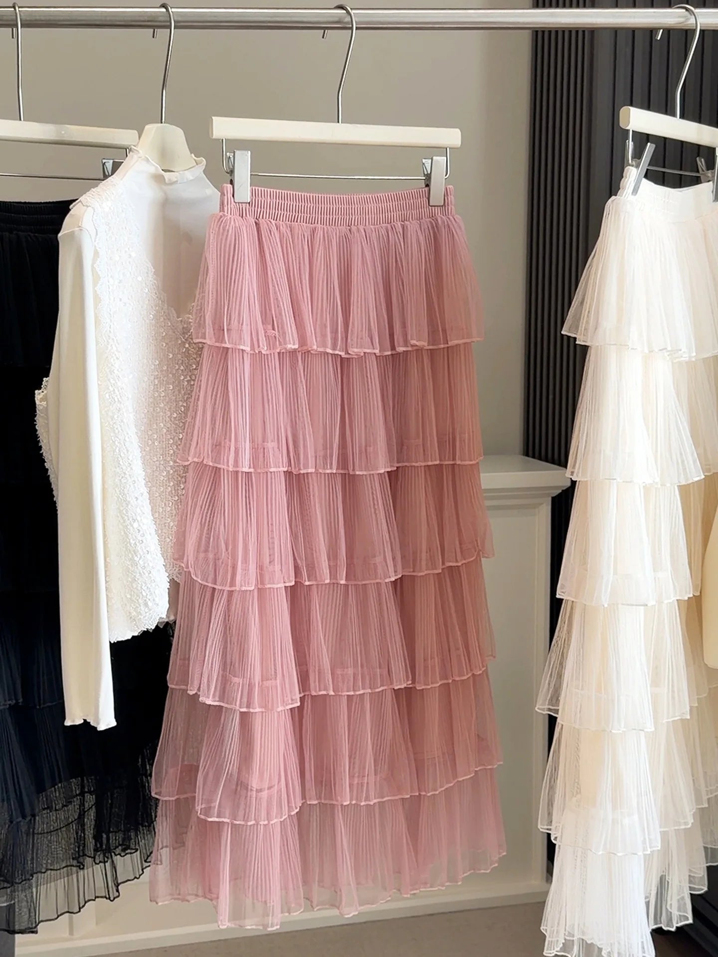Seoulish Korean Style Layered Mesh Cake Midi Skirt 2026 Spring Women High Waist Elegant Tulle Skirt Female Long Skirts Party