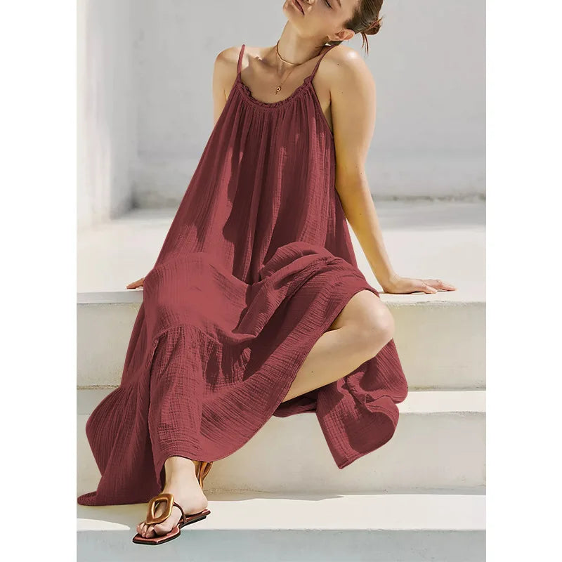 100% Cotton Women Summer Boho Beach Long Dress Sleeveless Spaghetti Strap Maxi Dress Loose Long Dress Vestidos Clothes