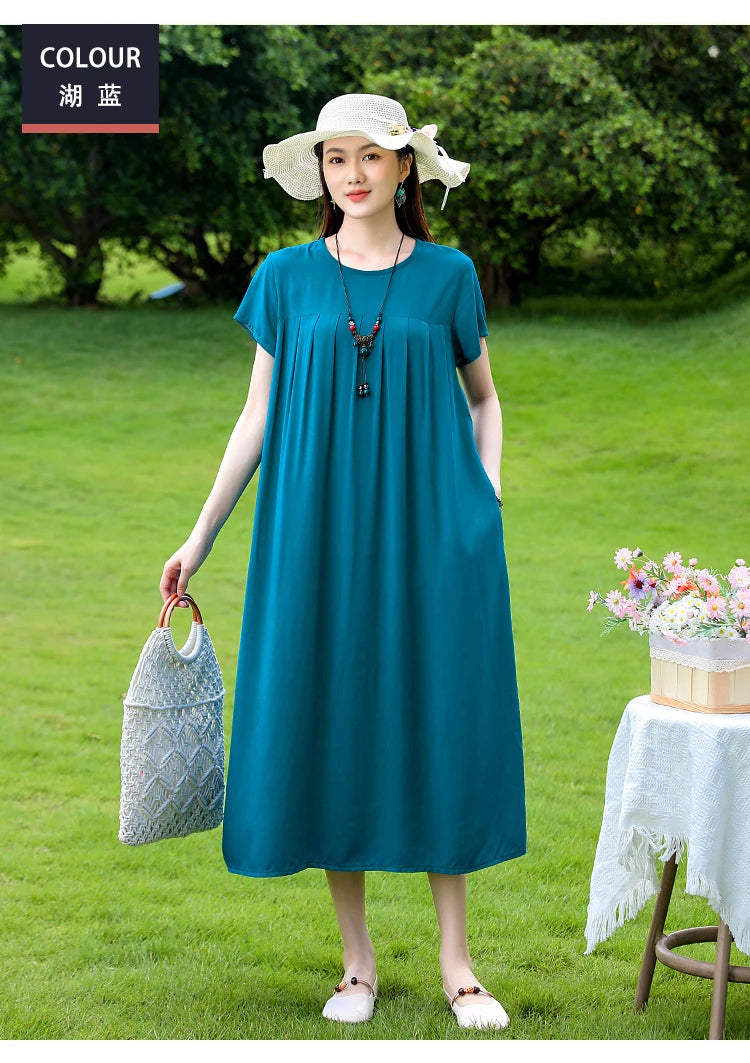 New Fashion Casual 2025 Summer Elegant Dresses For Women O-Neck Print Vintage Short Sleeve Dress Loose Women Clothing