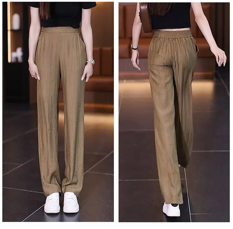 Women's Ice Silk Wide Leg Pants - High Waist Loose Casual Trousers