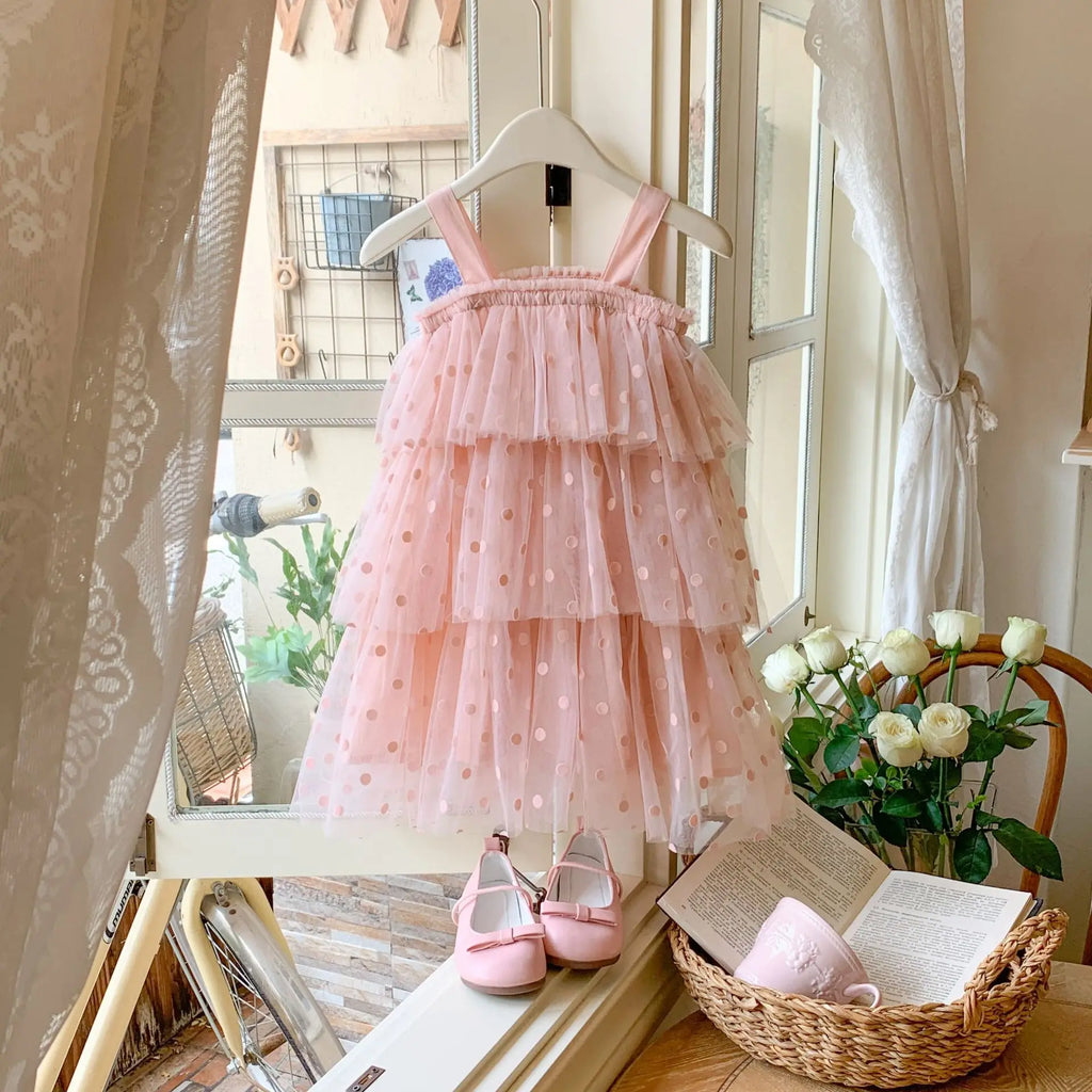Baby Girl Princess Layered Tutu Dress Infant Toddler Child Sleeveless Suspender Dot Tulle Dresses for Casual Summer Baby Clothes