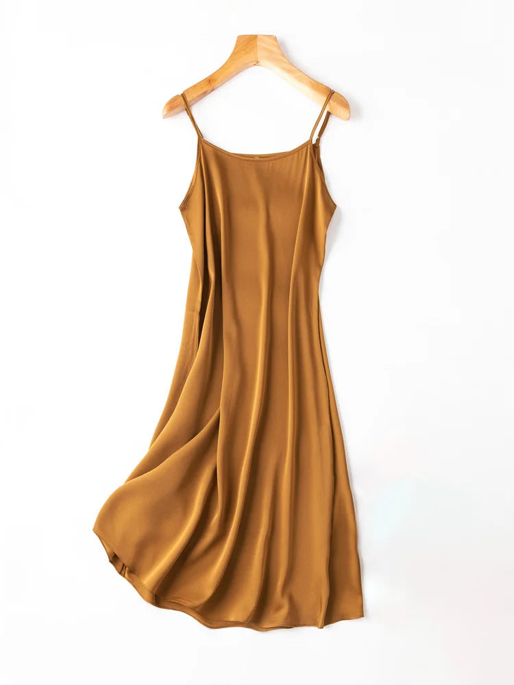 SuyaDream Women Silk Dress 93%Silk 7%Spandex Spaghetti Strap Mid Dresses 2024 Summer New Clothes Blue