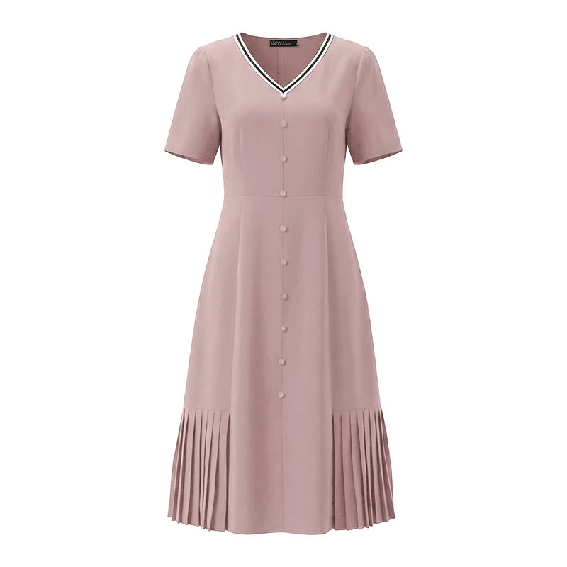 2026 ZANZEA Women Summer Sundress Patchwork Dress Elegant V Neck Short Sleeve Work Dresses Buttons Up Midi Robe Pleated Vestidos