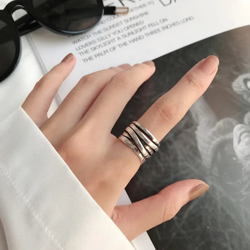 Panjbj 925 Sterling Silver Lines Ring For Women'S Jewelry Finger Adjustable Open Vintage For Birthday Dropship