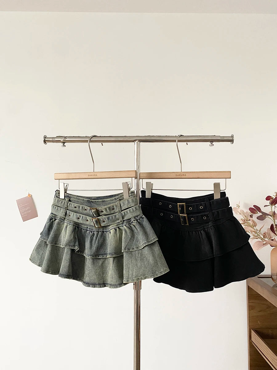 Low Waist Denim Skirt Women's Spring 2026 New Style Double Belt Anti-Light Short Skirt Casual High Waist Polyester Fiber