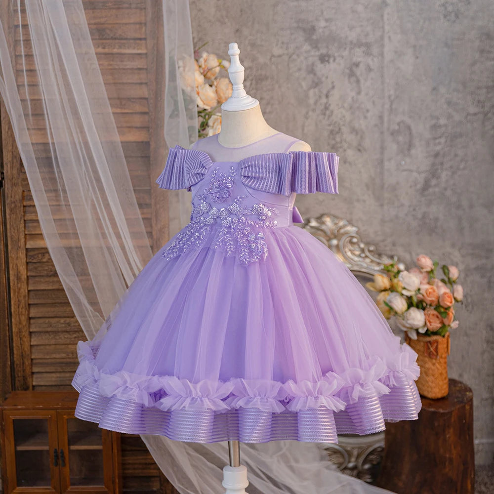 HETISO Appliques Girl Kid's Dress Elegant Flower Student Girl Clothes Children's Formal Holiday Party Gown 2-10 Years