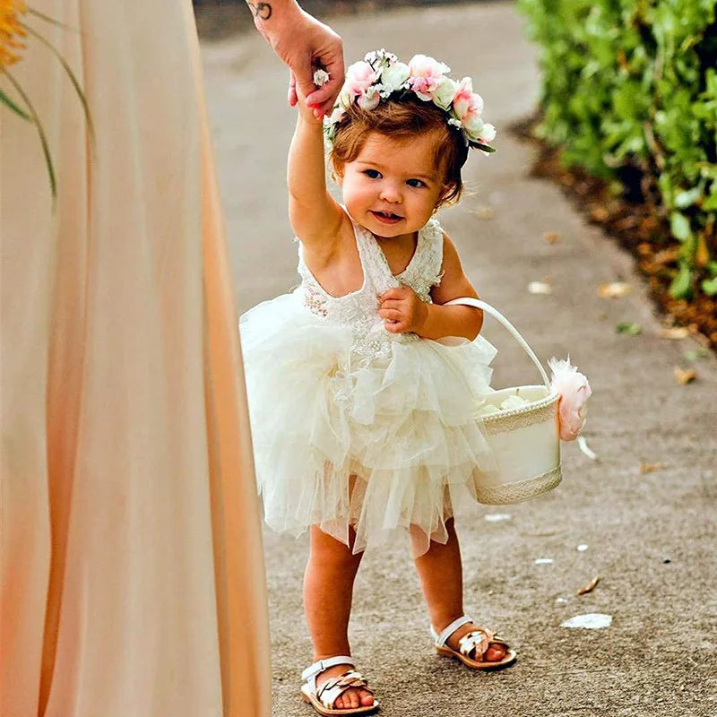 Baby Girls Sleeveless Lace Tutu Birthday Dress for Children Ruffles Eyelash Lace Flower Girl Dresses for Weddings Clothes