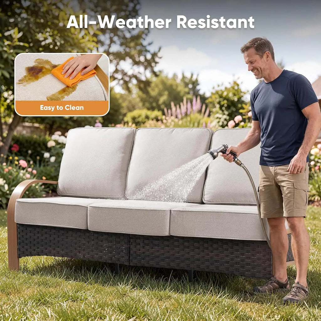 Wicker Patio Sofa Set with 6-Inch Cushions & Ottoman, All Weather 3 Seater Outdoor Furniture for Deck, Wood & Beige, Customized