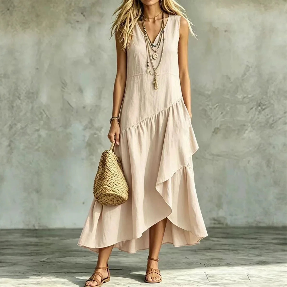 Summer 2026 New Arrival French Style Sleeveless V-Neck Asymmetrical Long Dress with Ruffle Hem Elegant Casual Tourist Wear