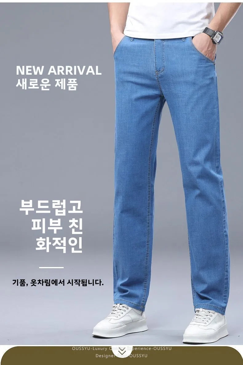 Summer Thin Men's Elastic Cotton Jeans Fashion Business Straight Casual Denim Pants Male Work Clothes Slim Trousers Plus Size 40
