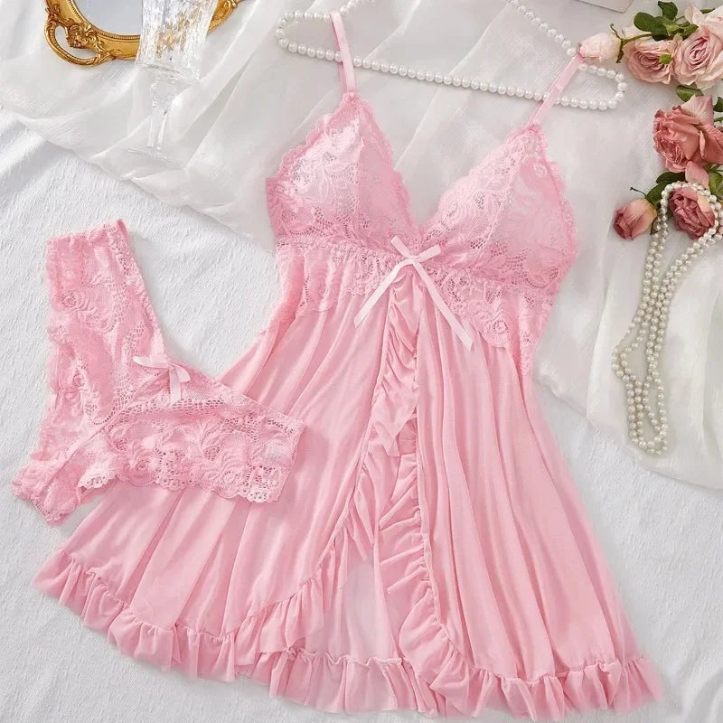 Women's Lace Sleepwear Set – Soft V Neck Nightdress & Slip Dress