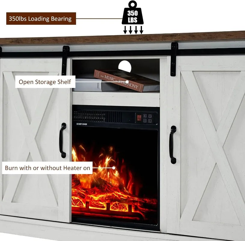 AMERLIFE Fireplace TV Stand with Sliding Barn Door Farmhouse Fireplace Entertainment Center with Storage Cabinets/Adjustable