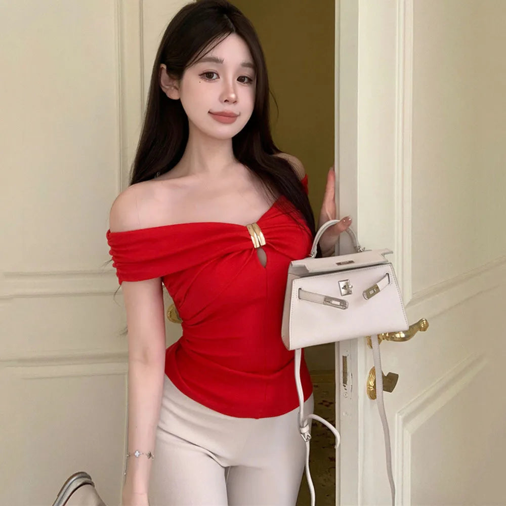Korean Style Sexy Women Crop Tops Vintage High Street Off Shoulder White T-shirt Streetwear Casual Tee Shirt Retro Slim T Shirts